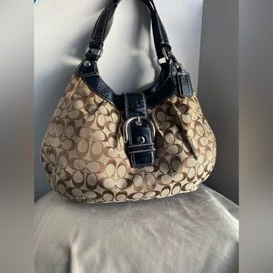 Coach Signature Hobo Bag in Tan and Black with Silver Hardware